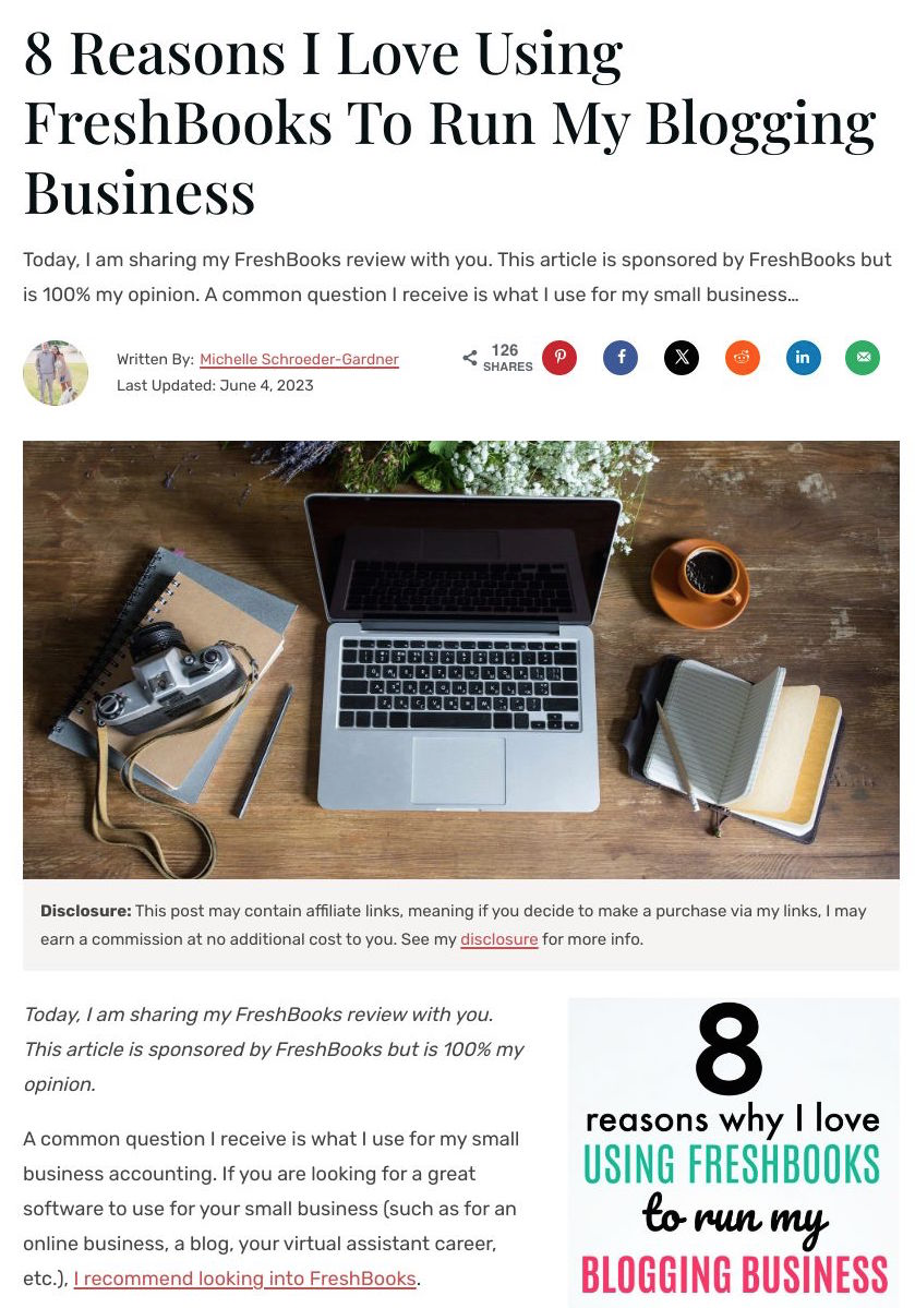 An article titles "8 Reasons I **** Using FreshBooks To Run My Blogging Business"