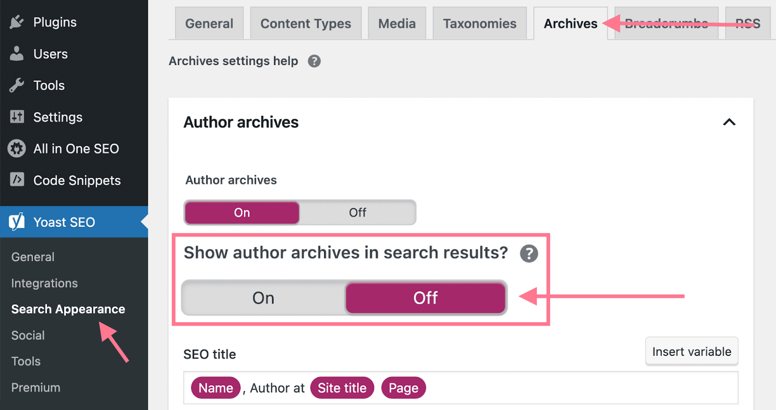 turn off author archives in search results