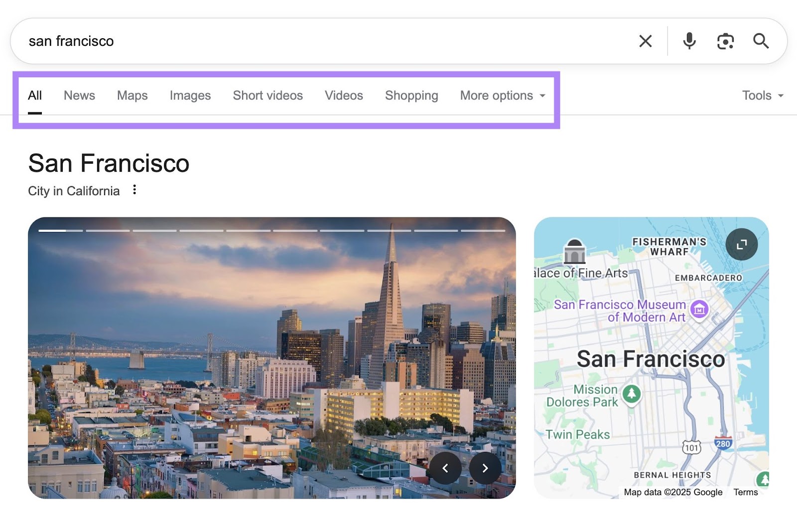 Content type filters appearing directly below the search bar on Google with tabs like news, maps, images, short videos, videos, etc.