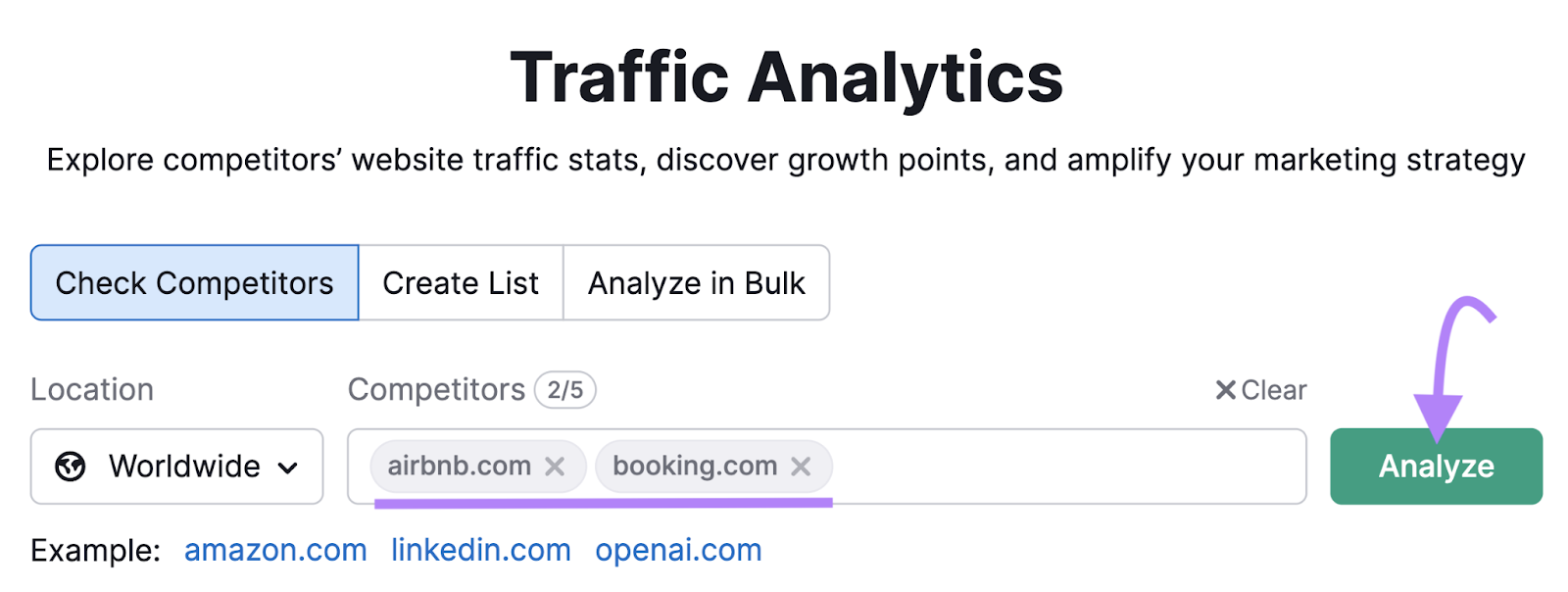 "airbnb.com" and "booking.com" entered in Traffic Analytics tool search bar