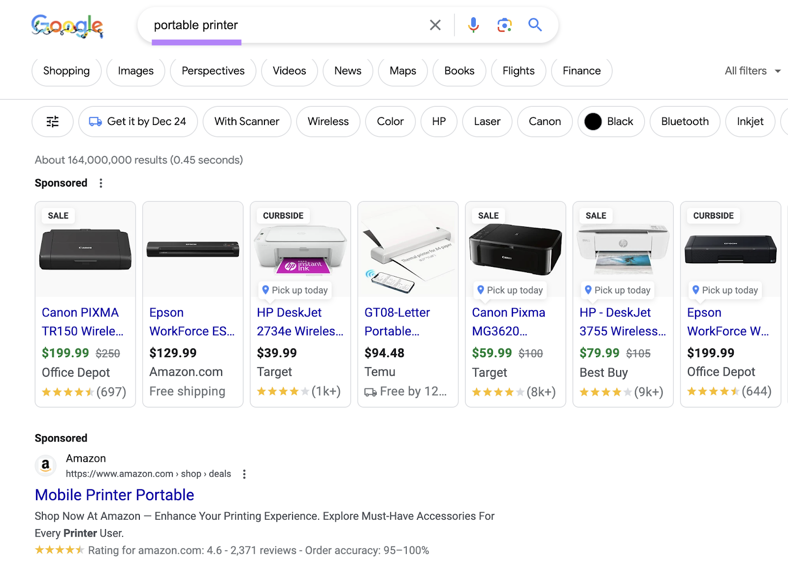Google SERP preview for "portable printer"