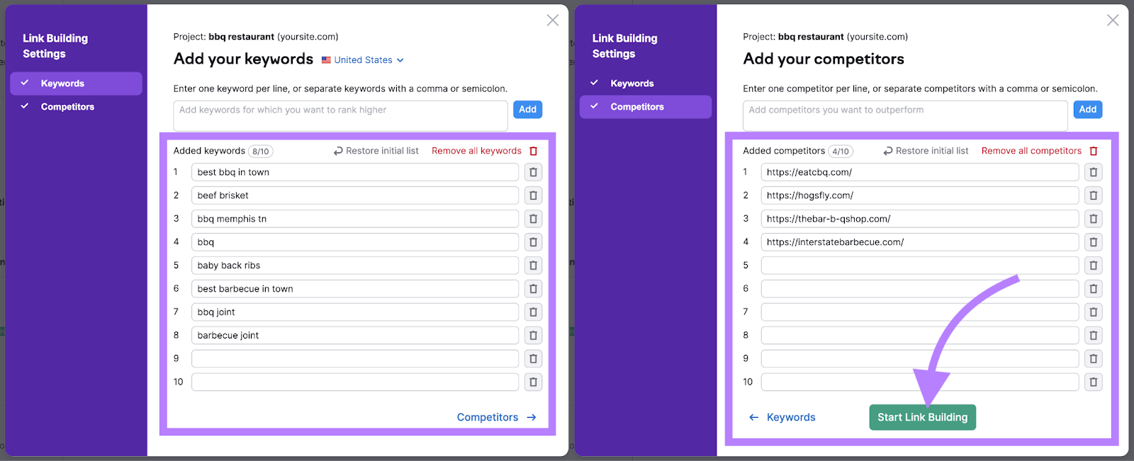 "Link Building Settings" sections