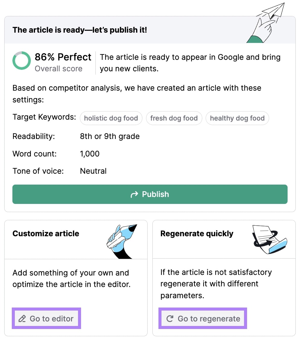 Content Shake AI article assessment with percentage rating with options to publish, edit or regenerate