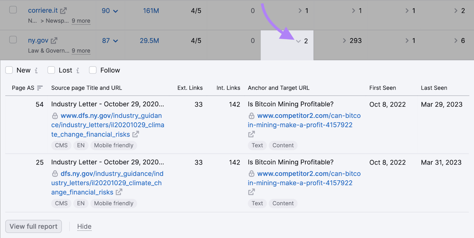 Navegação para onde clicar para obter mais informações sobre cada backlink