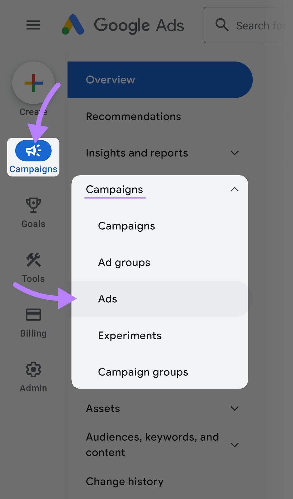 Navigating to "Campaigns" > "Ads" in Google Ads account