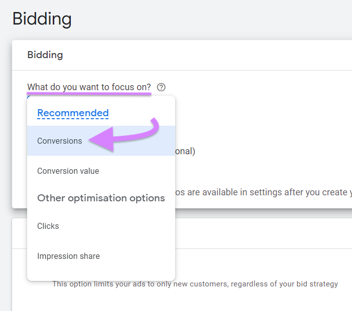 "Conversions" selected under “What do you want to focus on?” drop-down menu