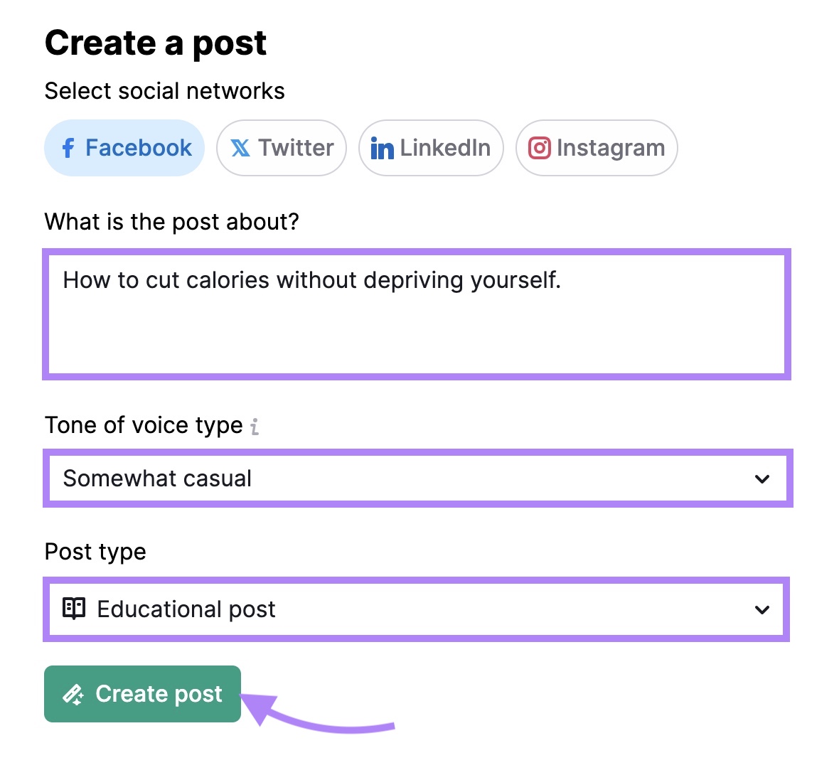 "Create a post" page on "ContentShake AI" with options to select a topic, tone of voice, and post type.