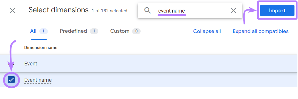 “Event name” selected and "Import" button highlighted in the top right corner