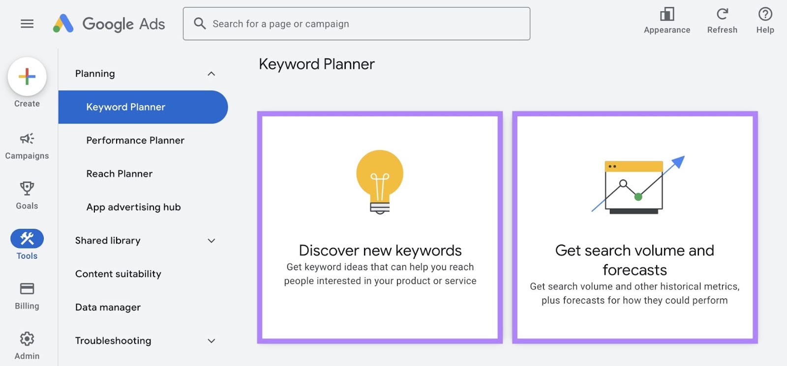 Google Keyword Planner home with “Discover new keywords” and “Get search volume and forecasts” boxes highlighted.