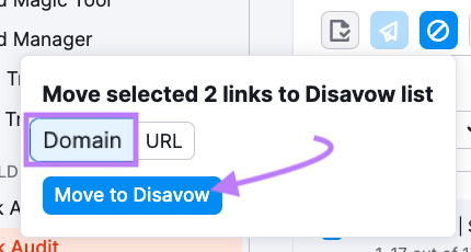 "Domain" tab selected above "Move to Disavow" button