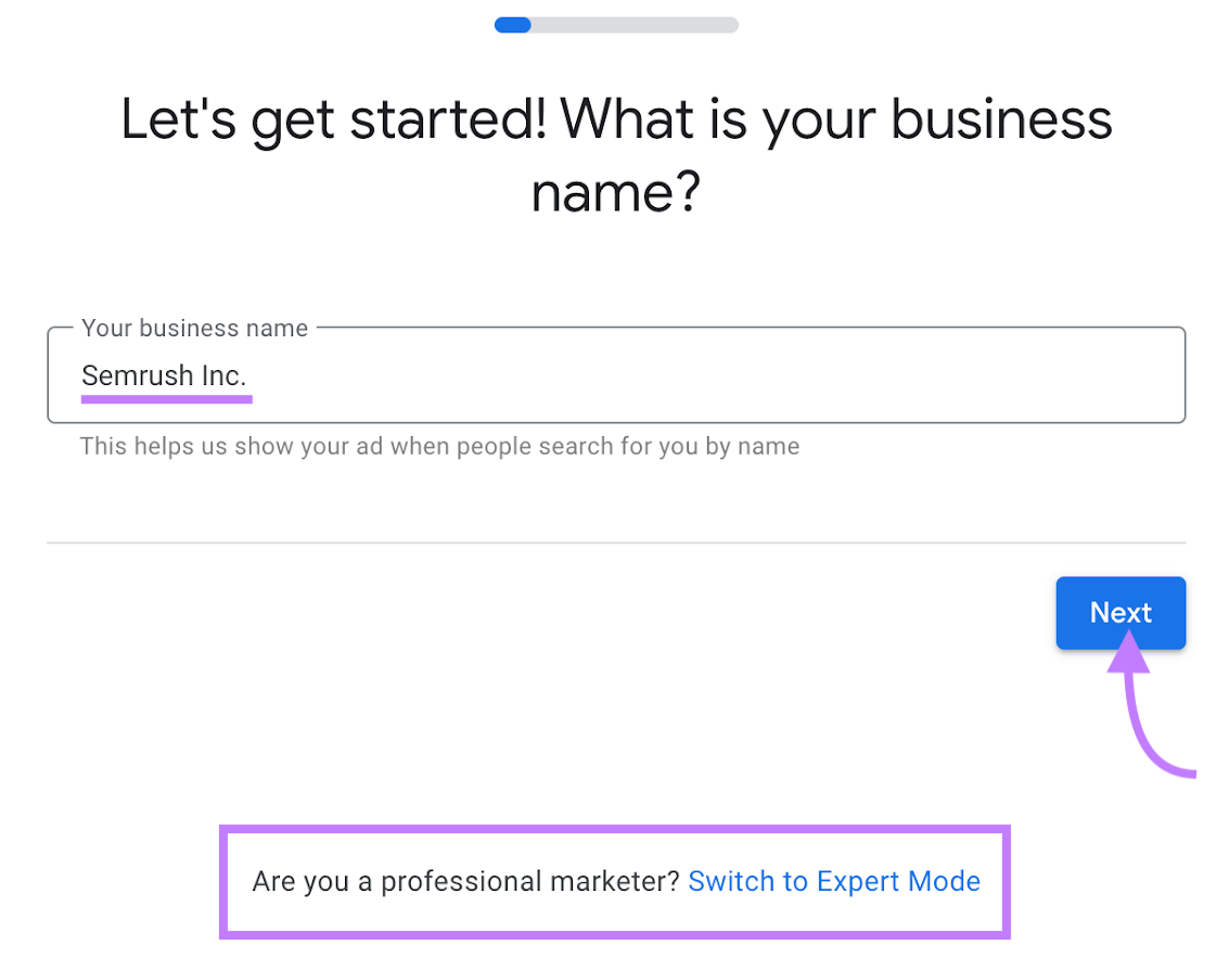 "Let's get started! What is your business name?" screen