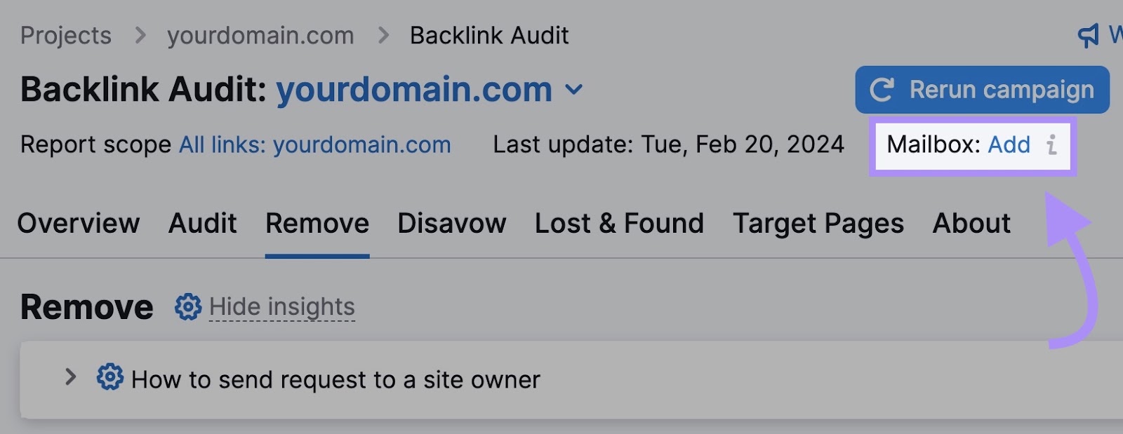 “Mailbox: Add” link in Backlink Audit