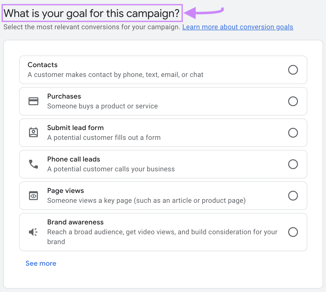 "What is your goal for this campaign?" page in Google Ads