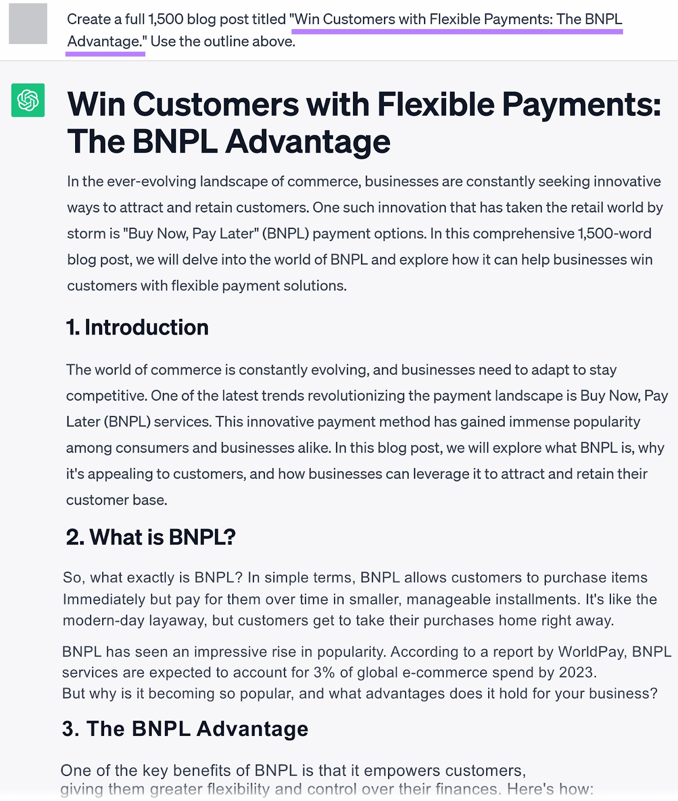 A prompt asking ChatGPT tto generate an article on “Win Customers with Flexible Payments: The BNPL Advantage”