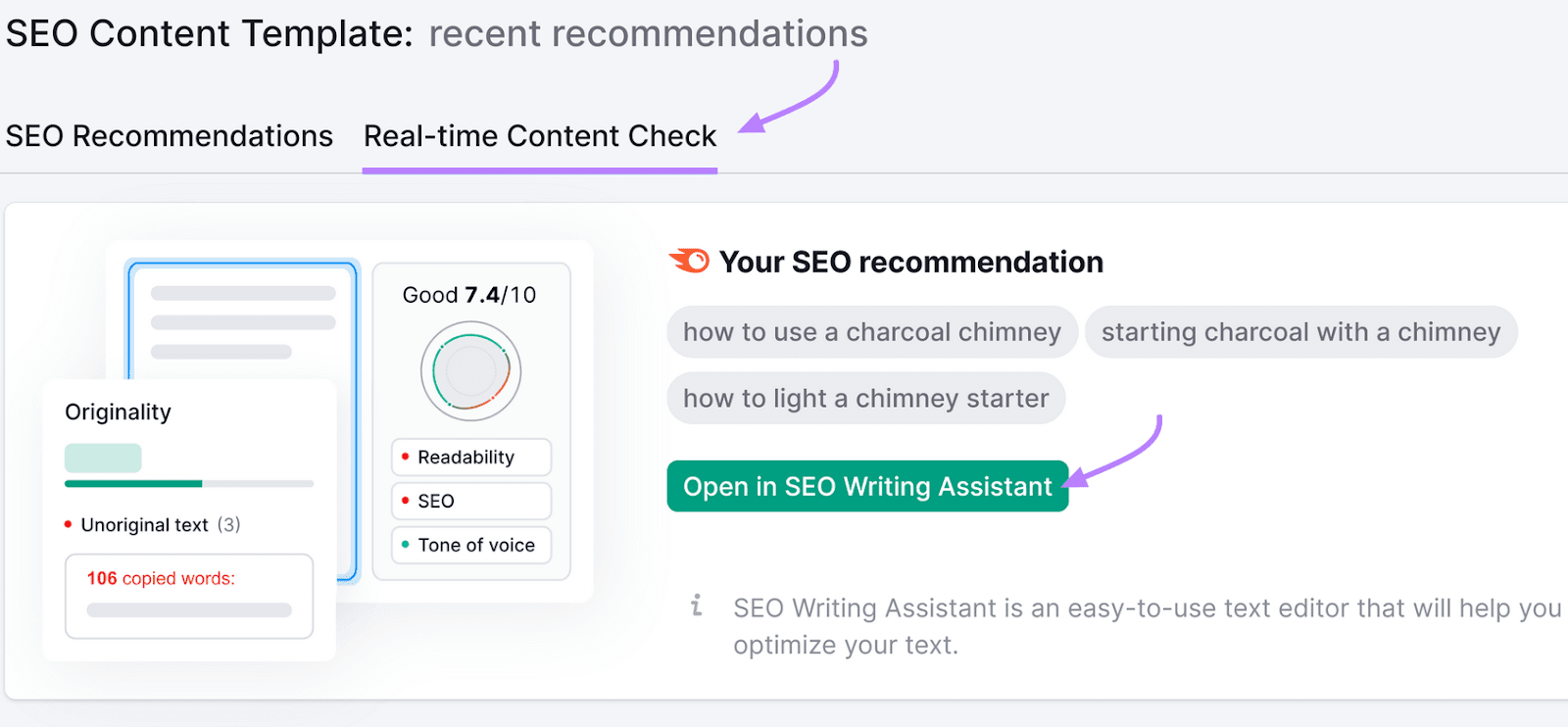 SEO Content Template tool showing a list of SEO recommendations and a green button "Open in SEO Writing Assistant."