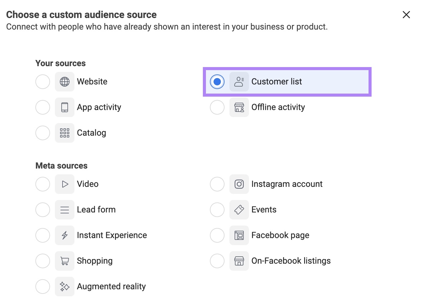 List of sources to create a custom audience for remarketing on Meta Ads Manager with 'Customer list' selected.