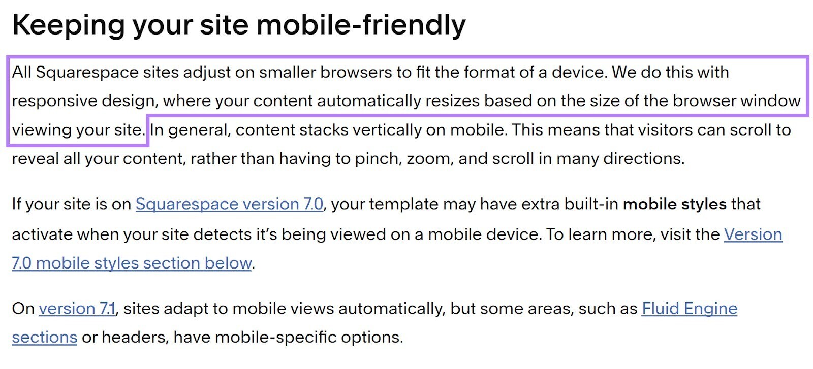 Squarespace's "keeping your site mobile-friendly" explanation