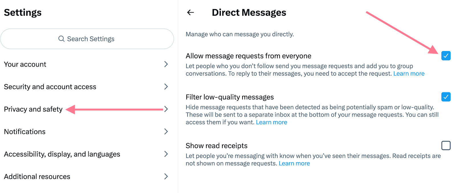 Allow message requests from everyone checkbox