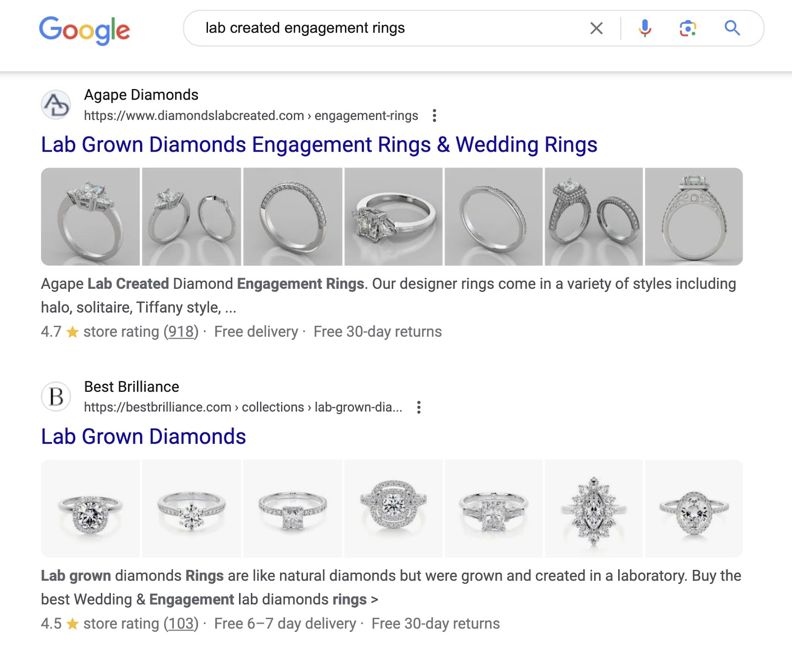 Two Google results for "lab created engagement rings." Both are product category pages on ecommerce sites.