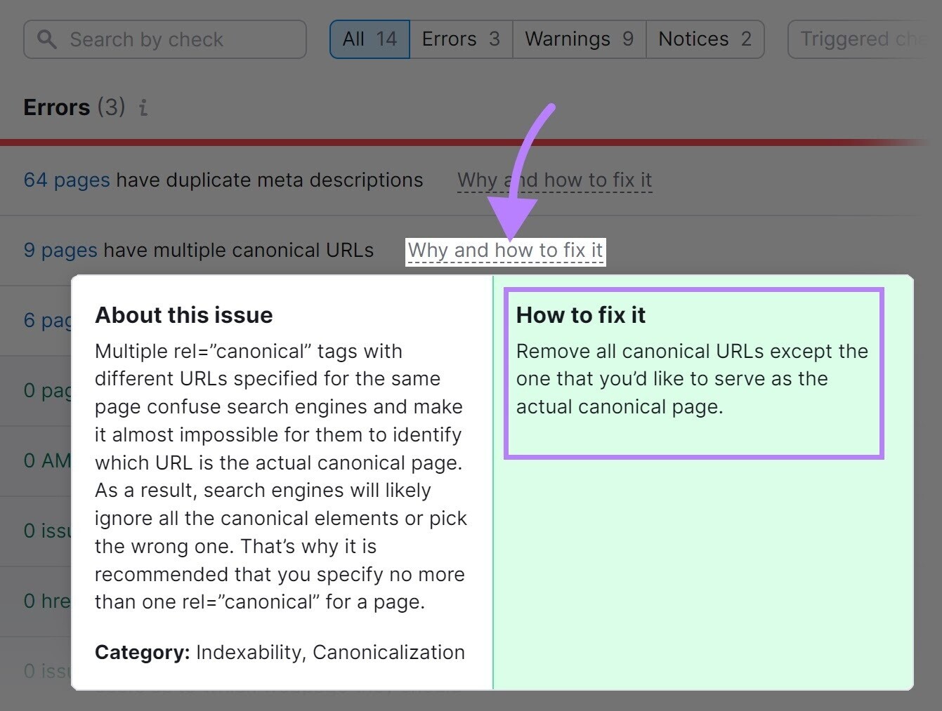 an example of “Why and ،w to fix it” section in the Site Audit