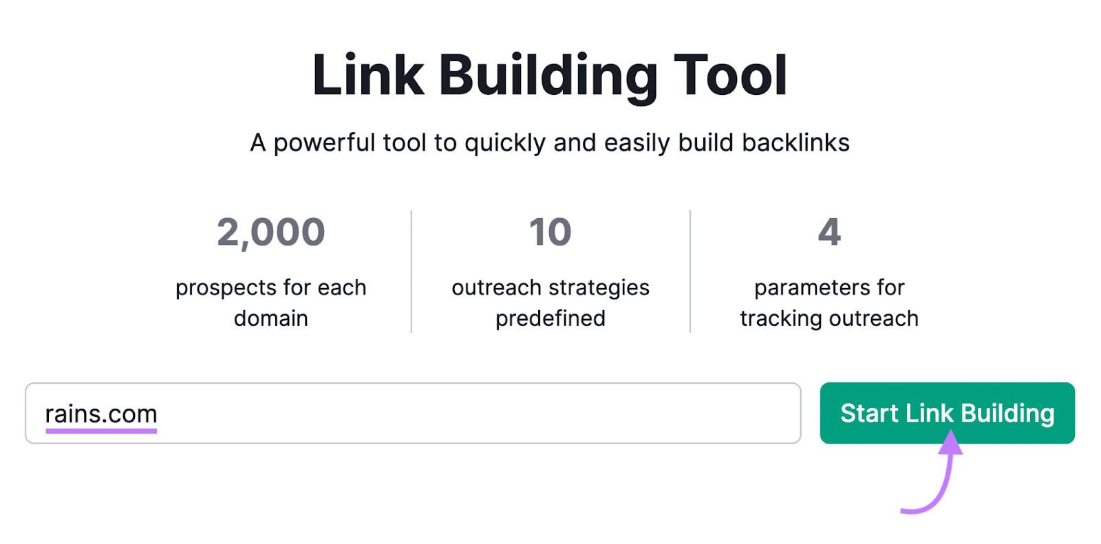 "rains.com" entered into Link Building Tool search bar