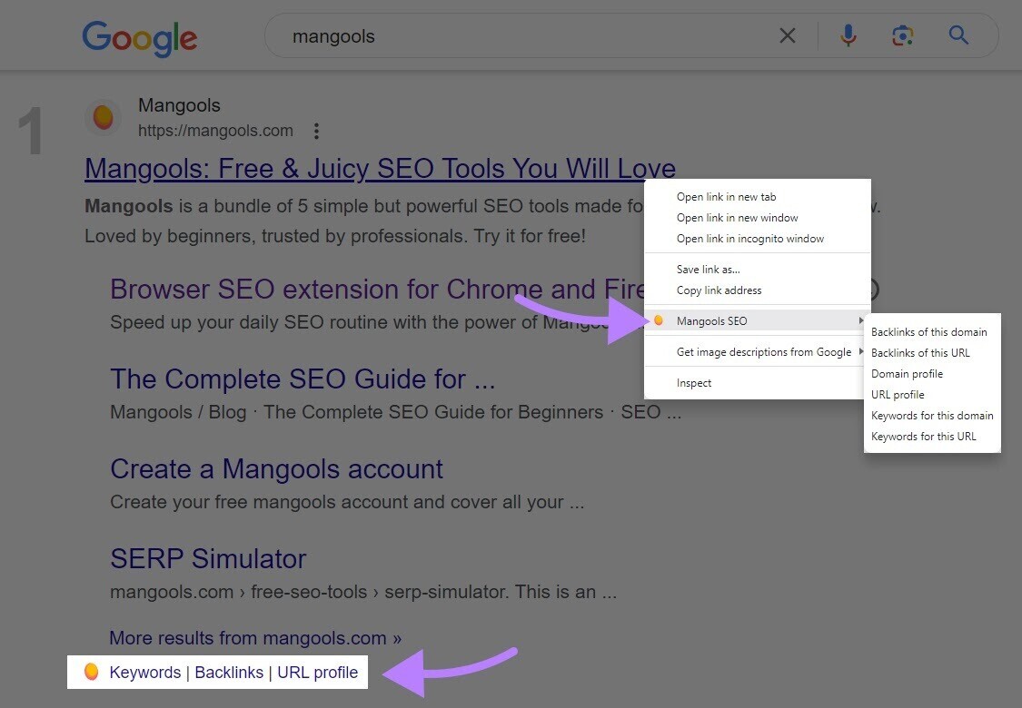 Checking keyword data, backlinks profile and URL profile with Mangools directly on the SERP