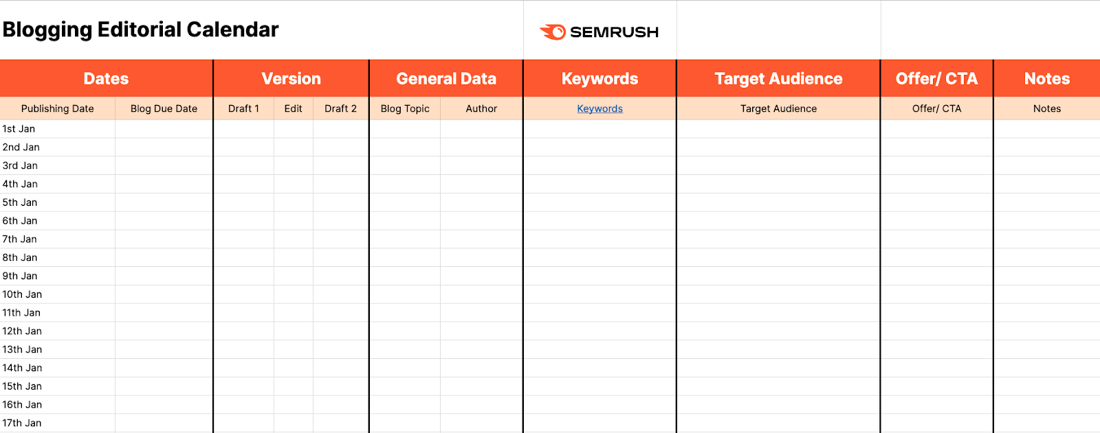 A blank blog marketing calendar template.