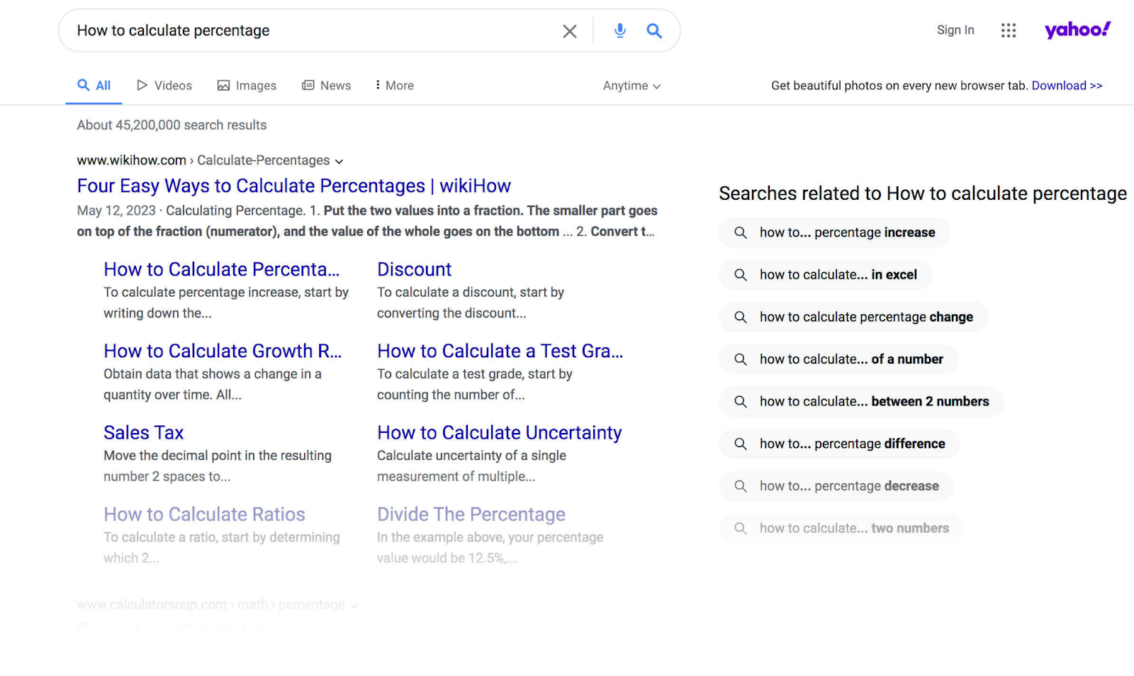 Yahoo’s search results for "how to calculate percentage"