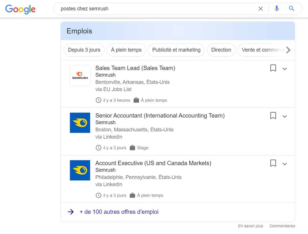Fonctionnalité SERP Offres d'emploi