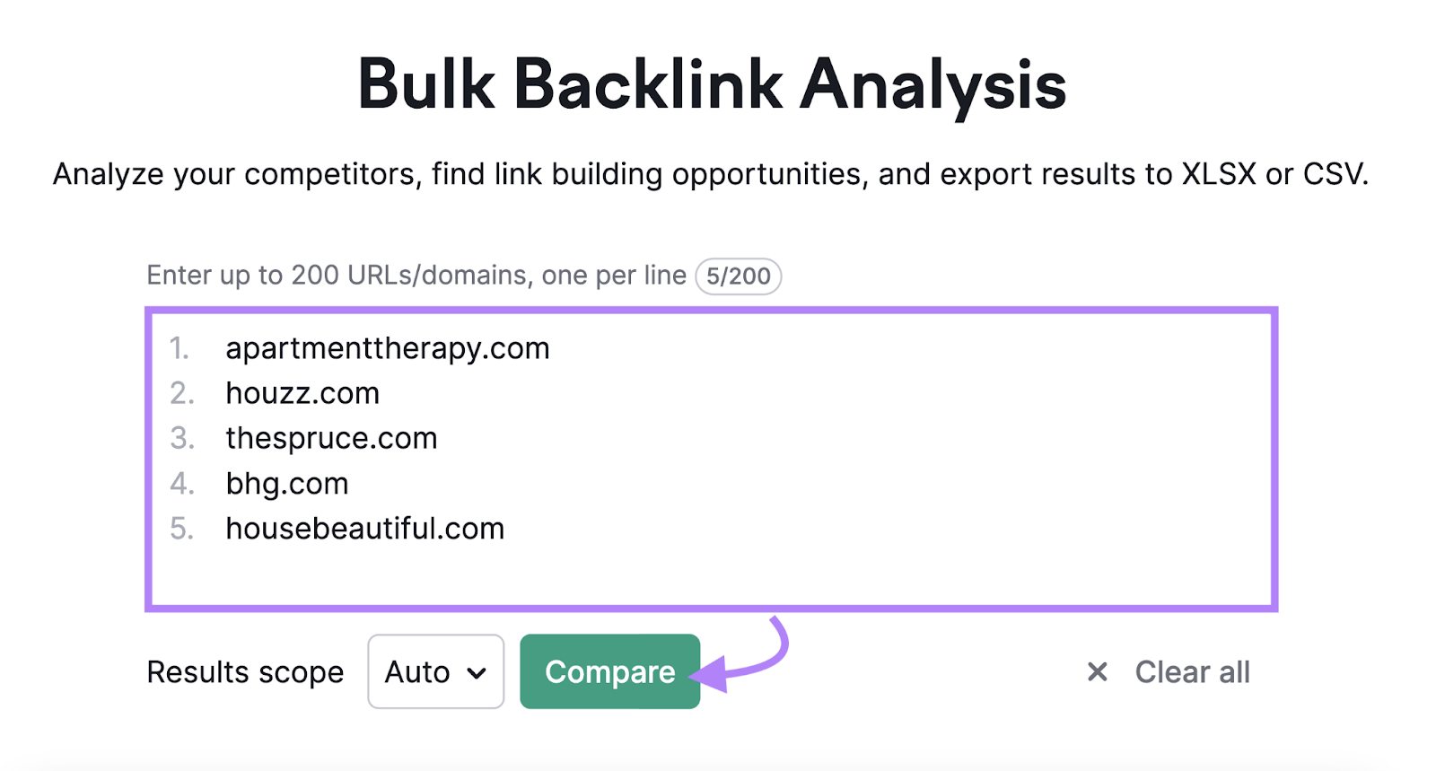 Bulk Backlink Analytics tool search box