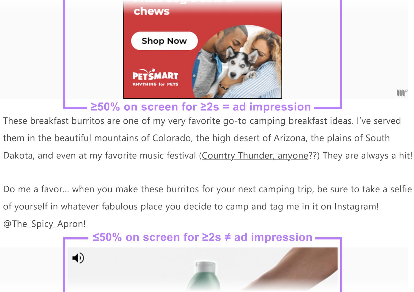 Purple boxes highlighting an ad at the top and one at the bottom with text indicating the rules for ad impressions.