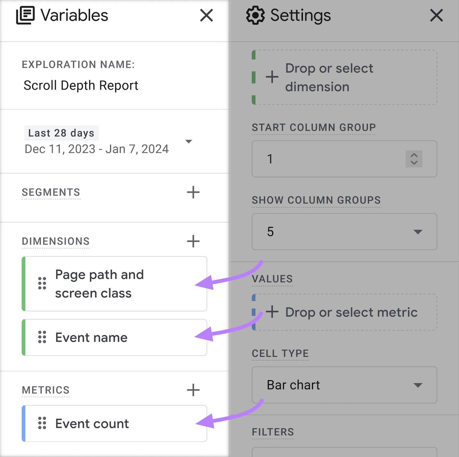 "Dimensions" and "Metrics" fields highlighted under "Variables" window