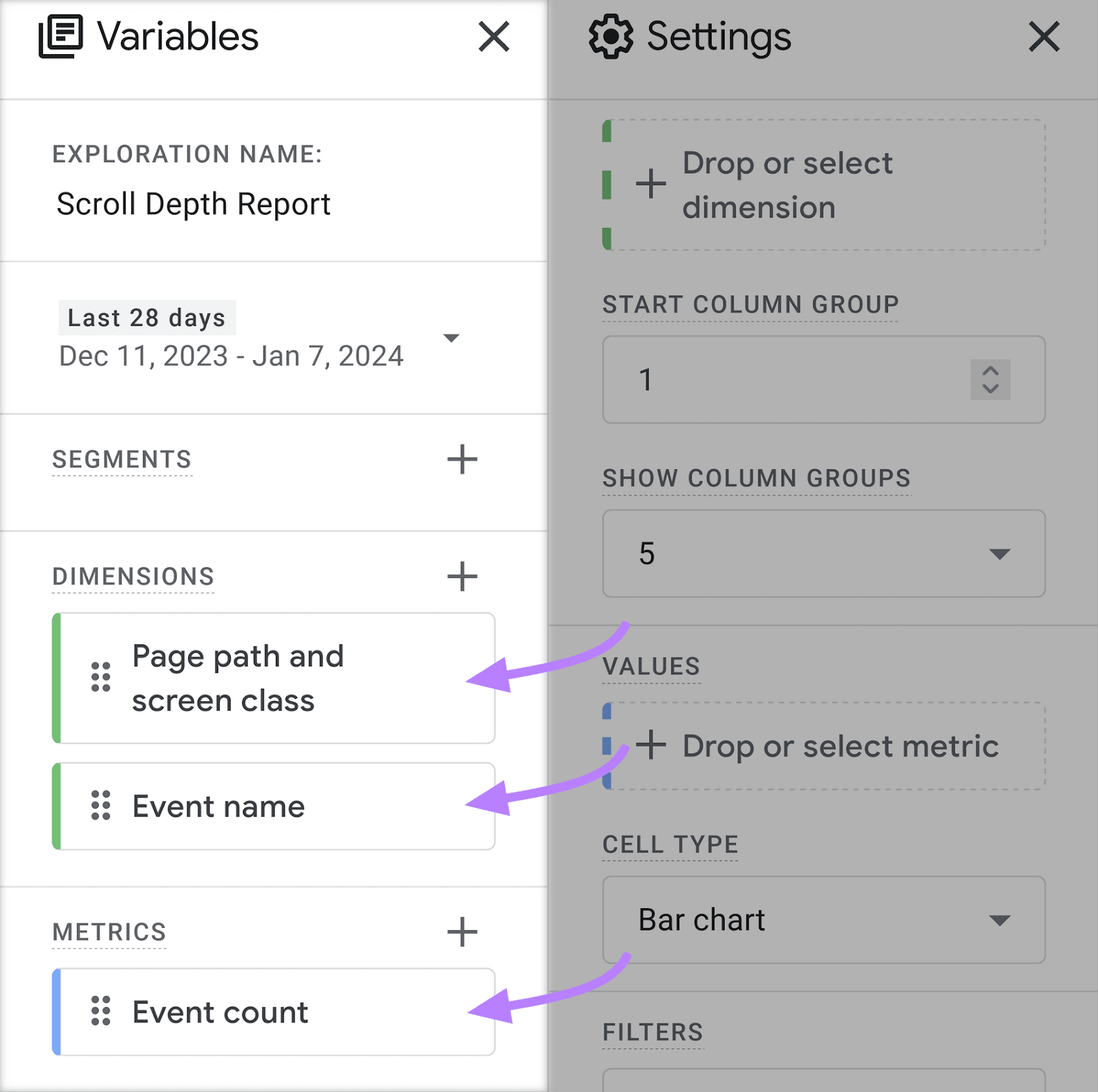 "Dimensions" and "Metrics" fields highlighted nether  "Variables" window