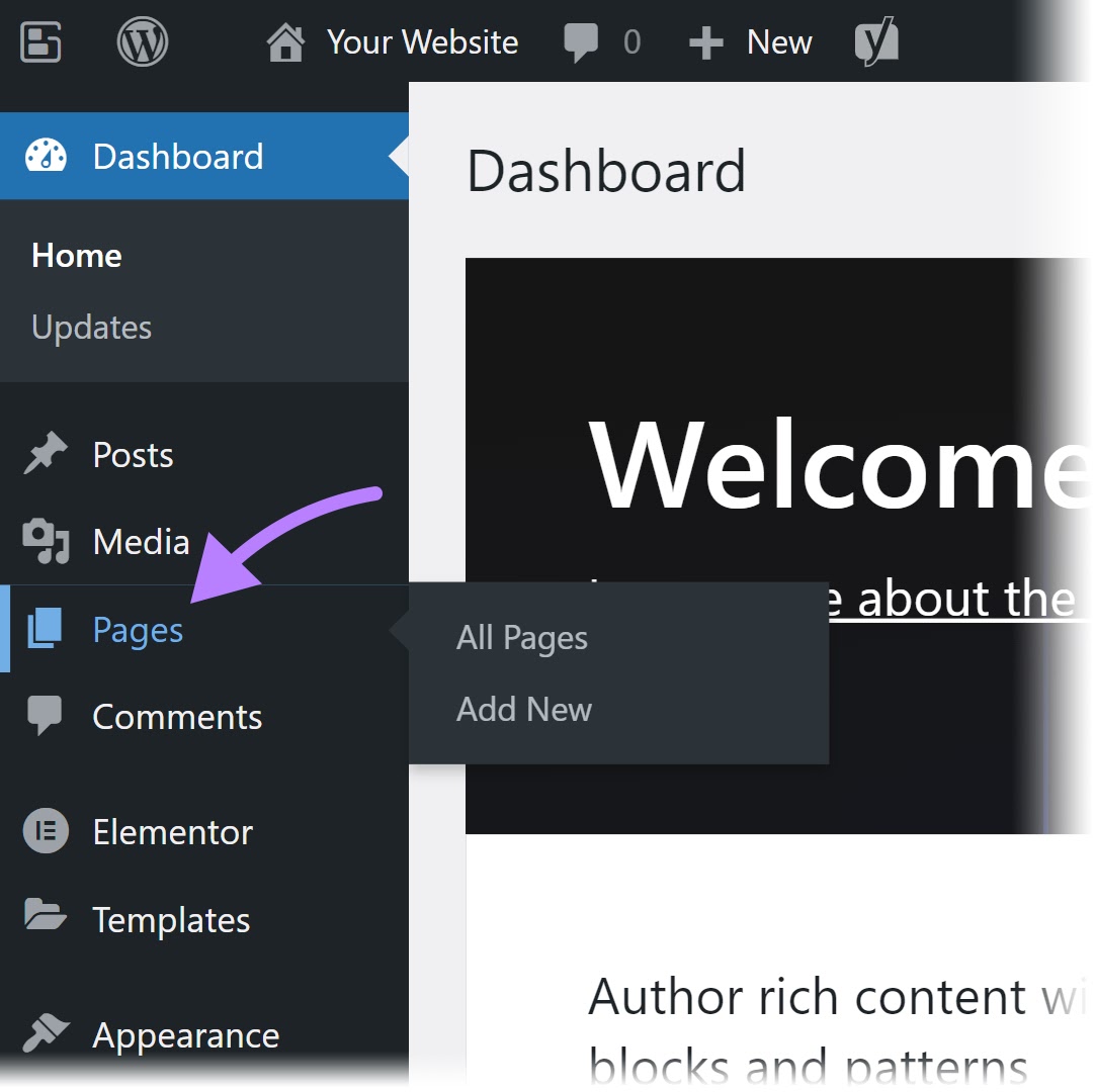 Navigating to "Pages" in WordPress sidebar menu