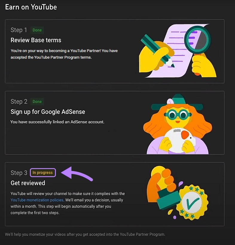 YouTube AdSense application status showing "In progress"