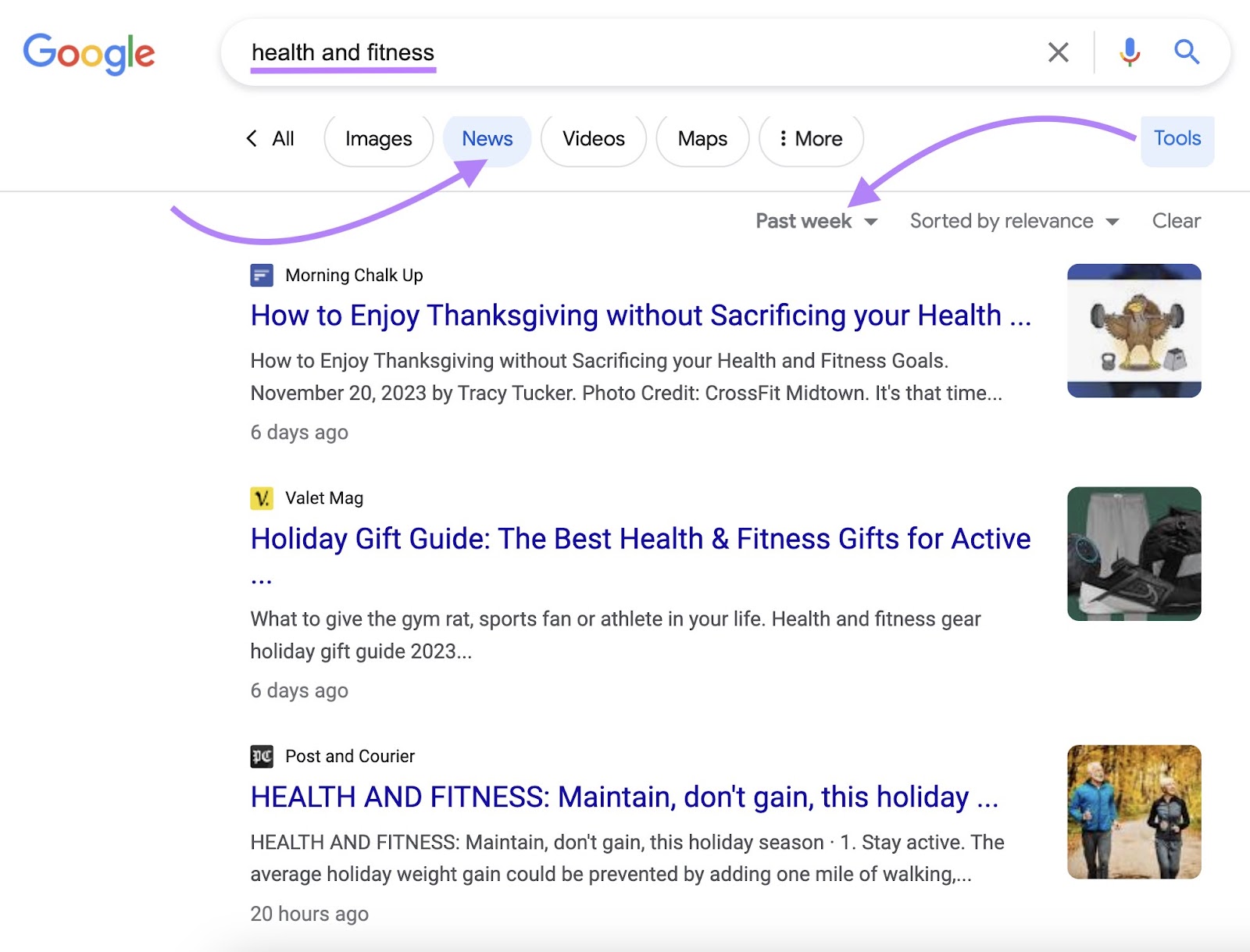 “News" selected under "health and fitness" search in Google