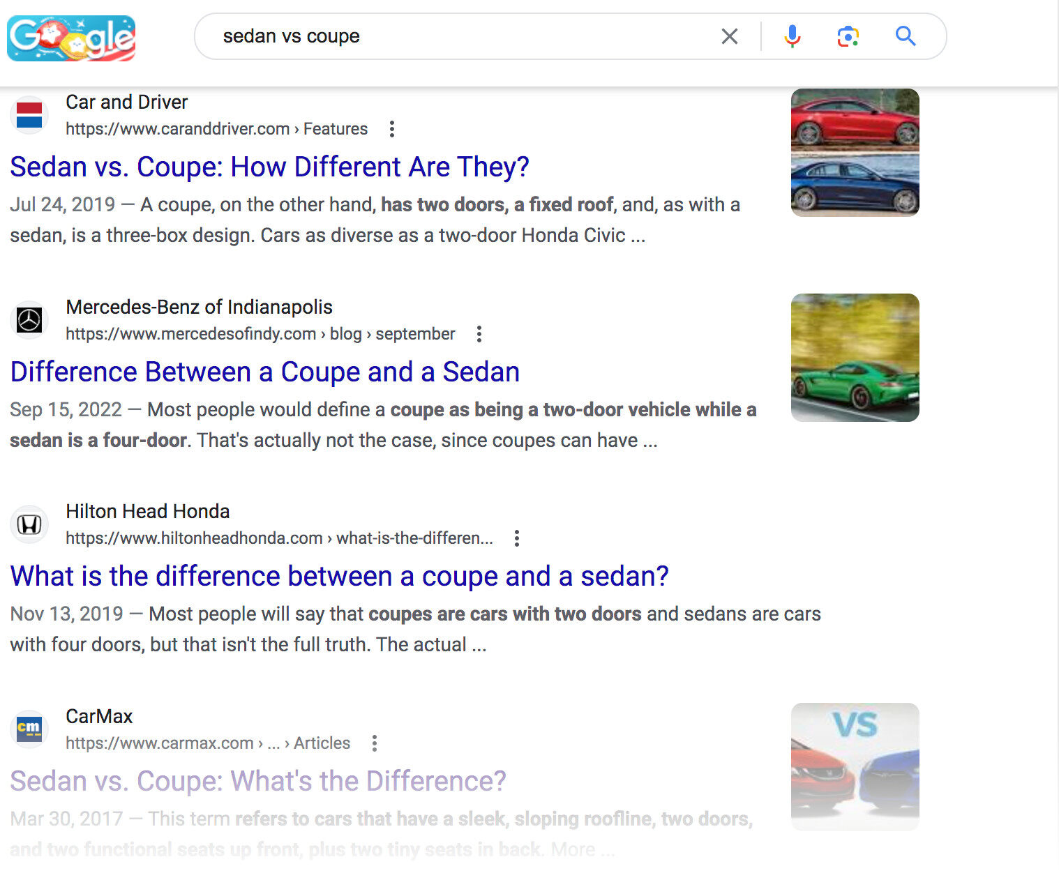 Google SERP for "sedan vs. coupe"