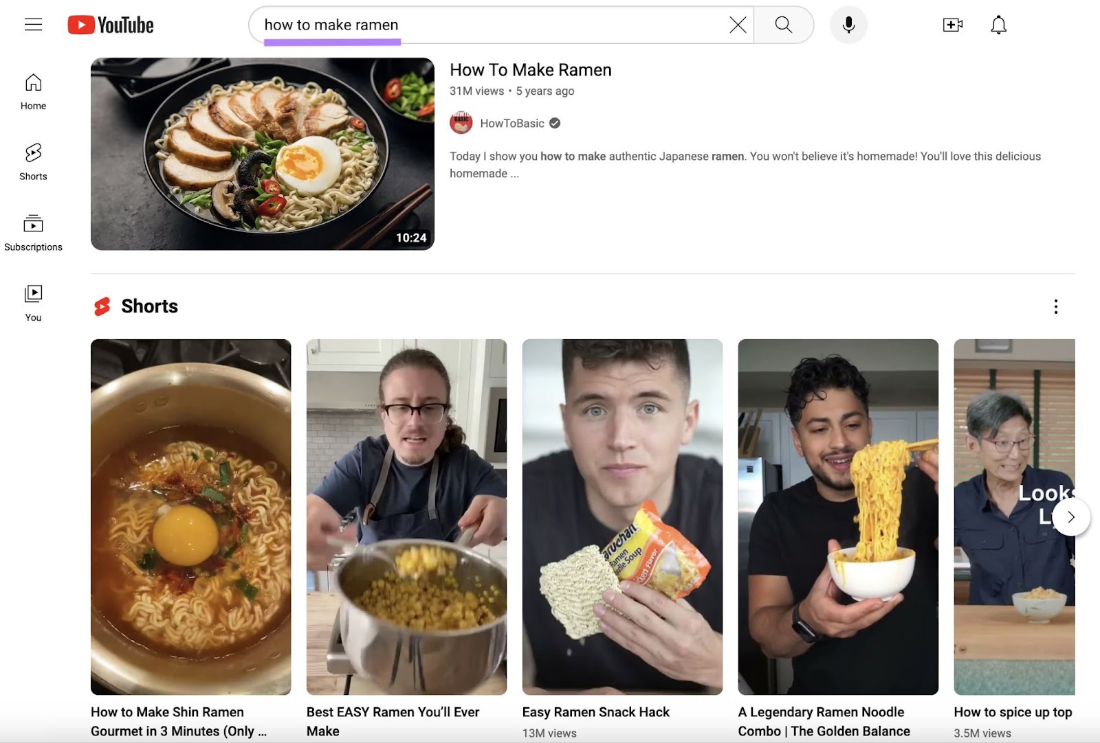 YouTube search results for "how to make ramen"