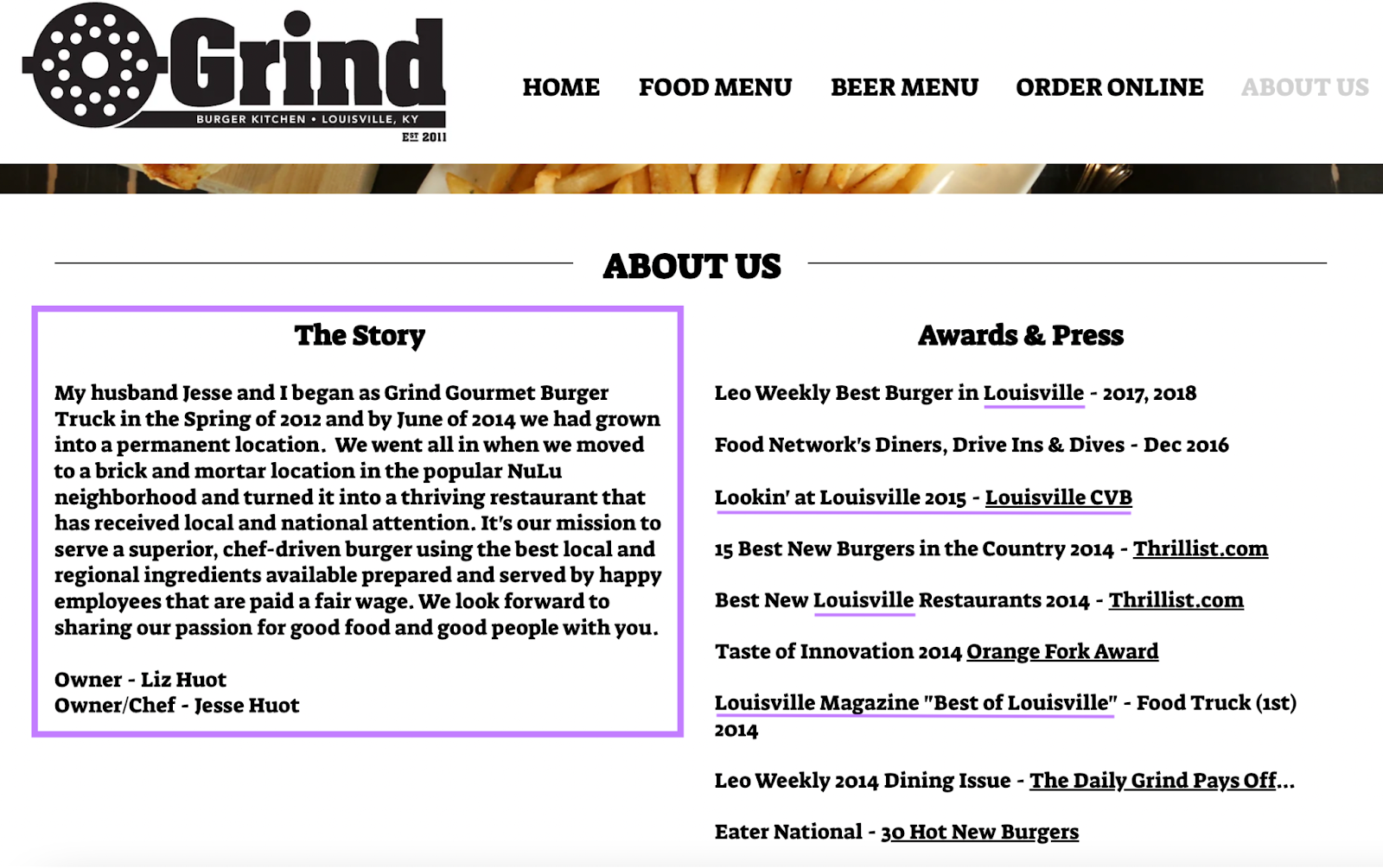 Grind's "About us" landing page shows their story, awards, and press