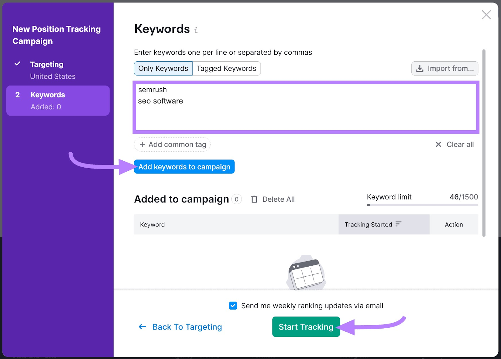 "Keywords" model   successful  the Position Tracking instrumentality   settings