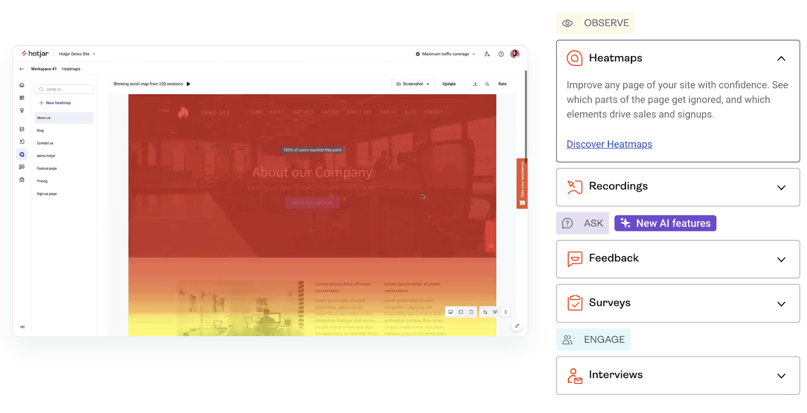 hotjar product live demo section shows the heatmap showing red, orange, and yellow on a website