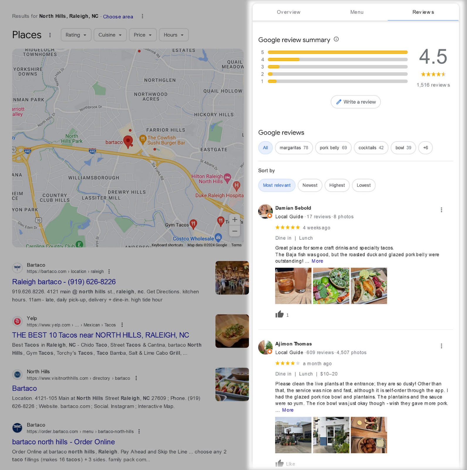 "Reviews" section of Google local pack