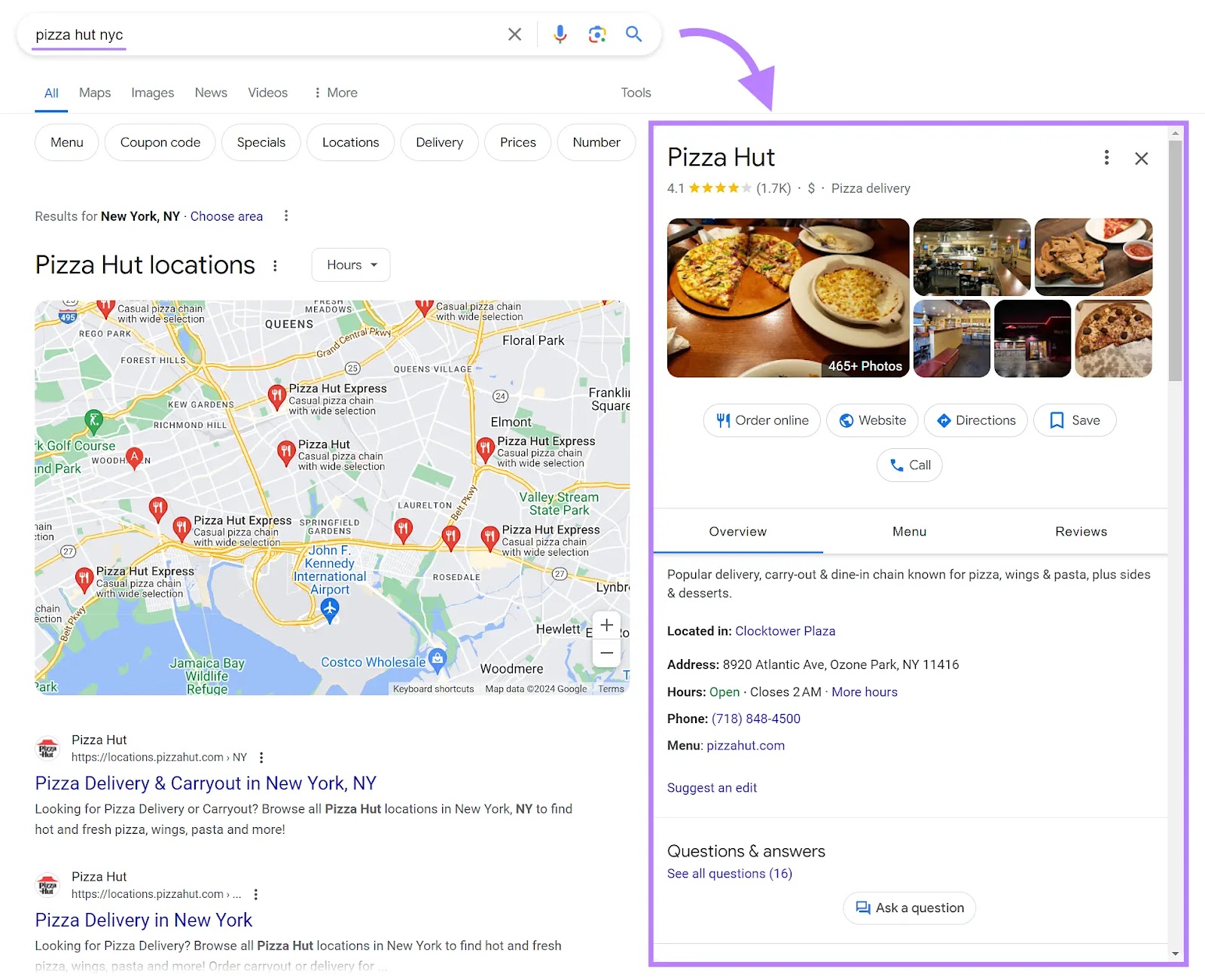 Google Business Profile of "Pizza Hut" displayed within the Google SERP.