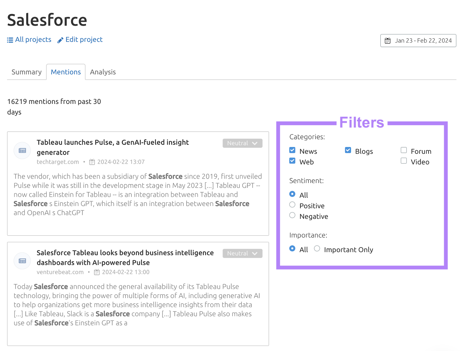 "Mentions" leafage   successful  Media Monitoring tool, showing the selected filters