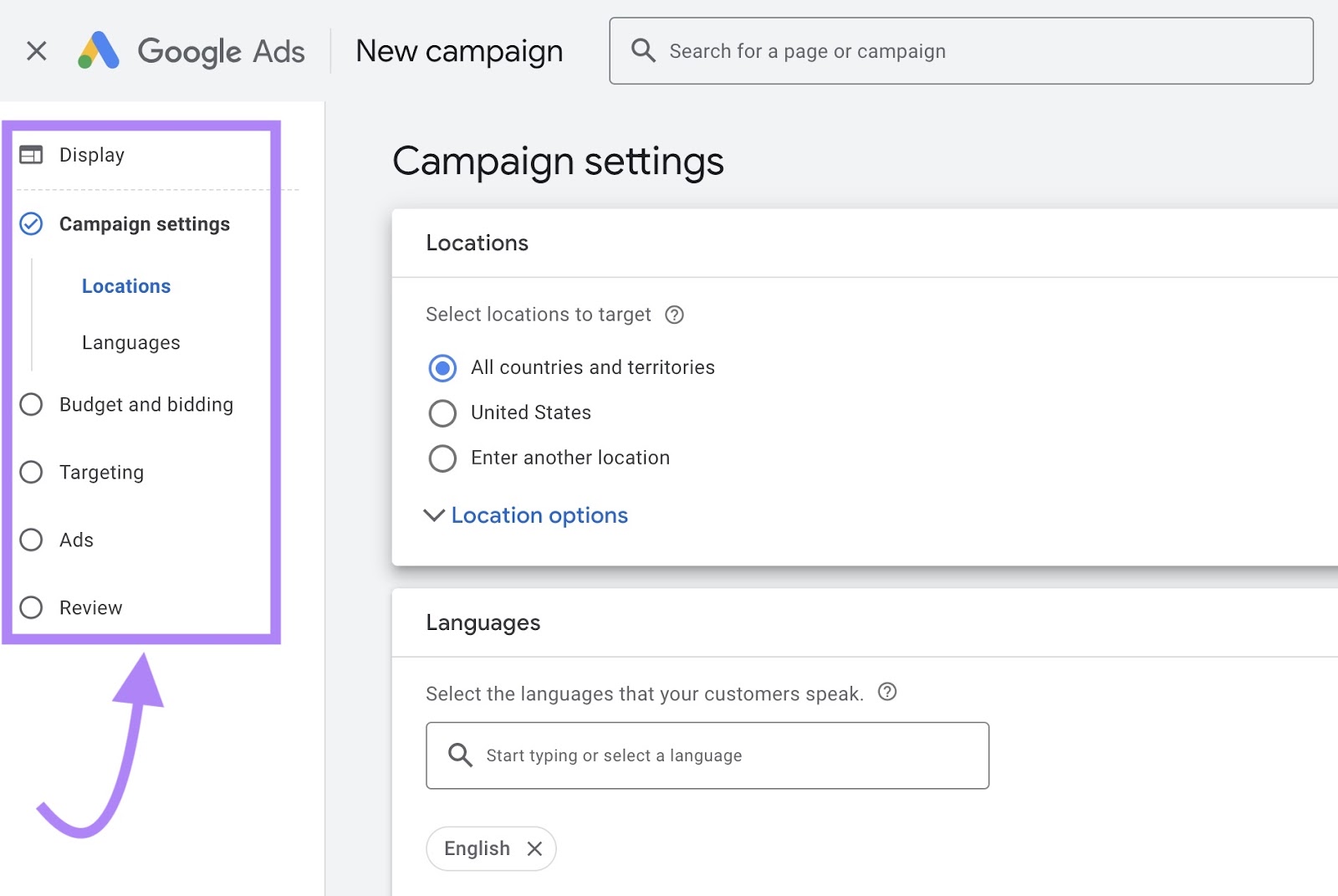 Campaign settings page on Google Ads with the list of settings on the left menubar highlighted.