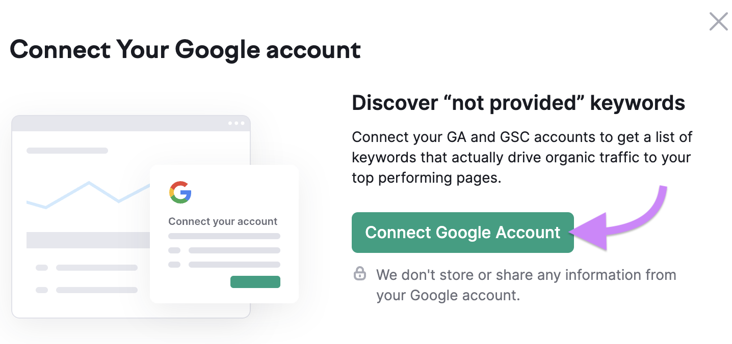 "Connect Your Google account" step in Organic Traffic Insights settings