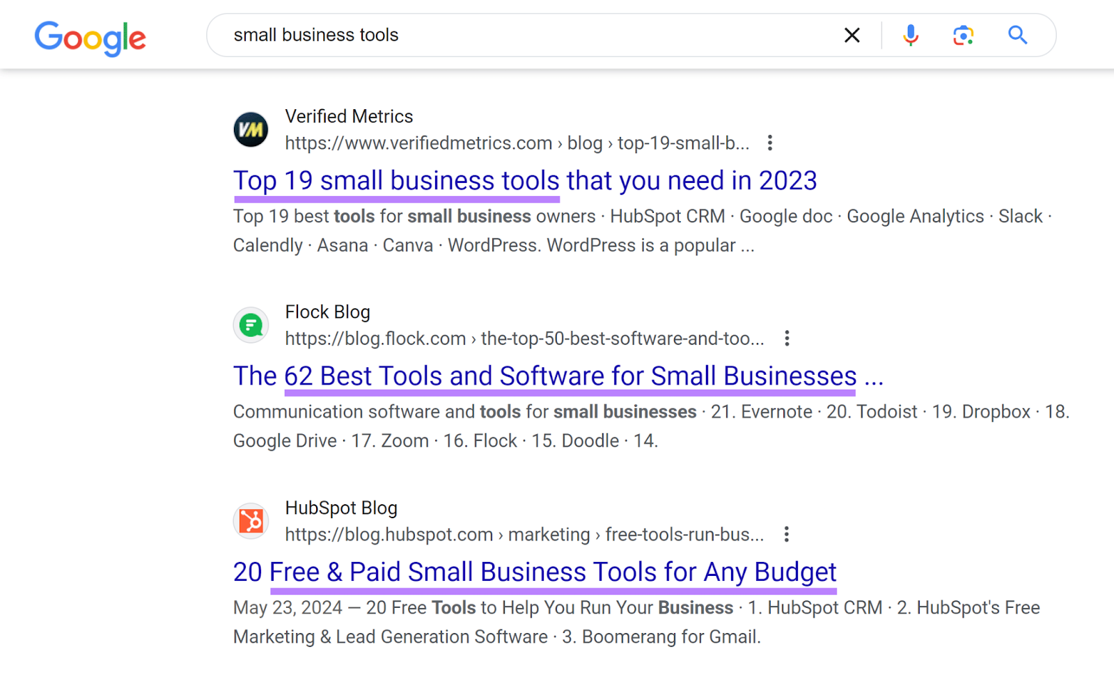 Google SERP for 'small concern  tools' with titles highlighted