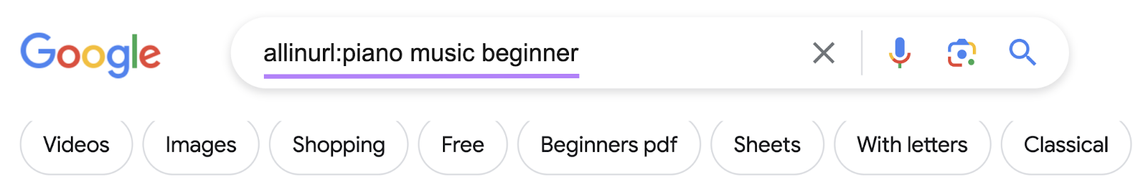 “allinurl:piano music beginner” entered into Google's search bar