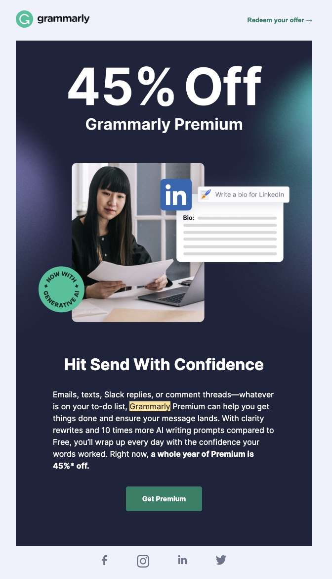 A remarketing campaign email from Grammarly offering a 45% discount to their customers.
