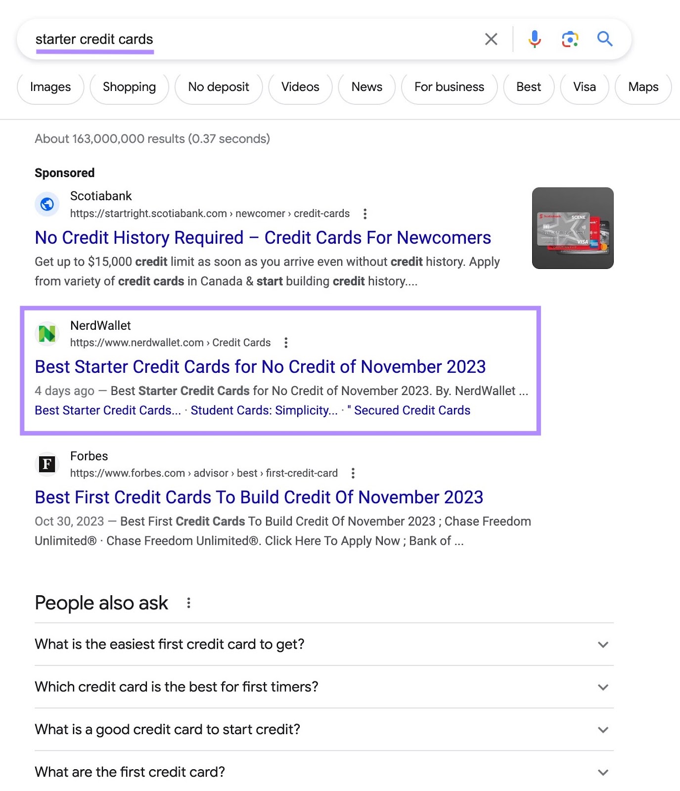 NerdWallet highlighted on Google SERP for "starter credit cards" query